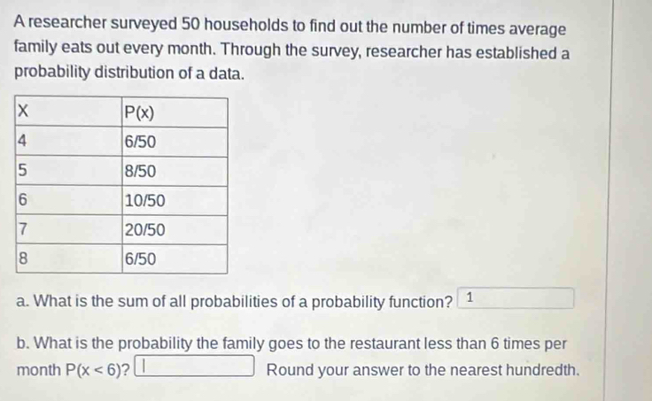 A researcher surveyed 50 households to find out the number of times average
family eats out every month. Through the survey, researcher has established a
probability distribution of a data.
a. What is the sum of all probabilities of a probability function? 1
b. What is the probability the family goes to the restaurant less than 6 times per
month P(x<6) 2 Round your answer to the nearest hundredth.