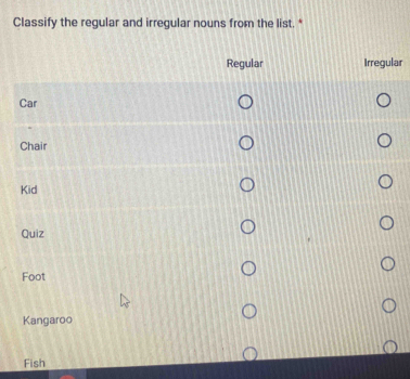 Classify the regular and irregular nouns from the list. *
Regular Irregular
Car
Chair
Kid
Quiz
Foot
Kangaroo
Fish