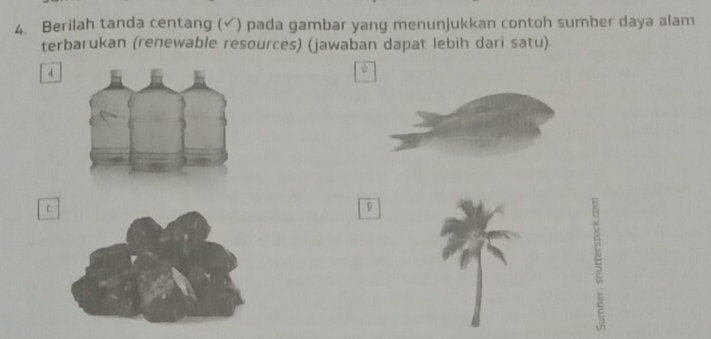 Berilah tanda centang (√) pada gambar yang menunjukkan contoh sumber daya alam 
terbarukan (renewable resources) (jawaban dapat lebih dari satu) 
4 
ε 
p
5