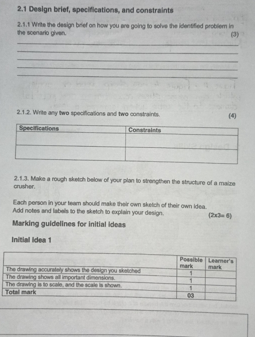 Solved: 2.1 Design brief, specifications, and constraints 2.1.1 Write ...