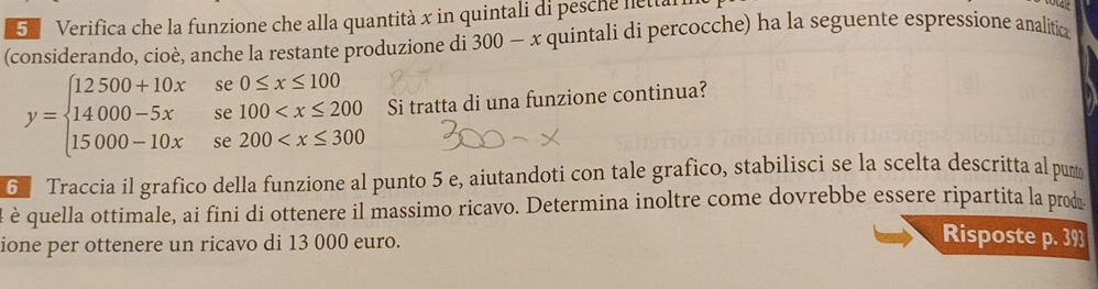 Verifica che la funzione che alla quantità x in quintali di pesche nettar. 
(considerando, cioè, anche la restante produzione di 300-x quintali di percocche) ha la seguente espressione analítica
y=beginarrayl 12500+10xse0≤ x≤ 100 14000-5xse100 Si tratta di una funzione continua? 
6 Traccia il grafico della funzione al punto 5 e, aiutandoti con tale grafico, stabilisci se la scelta descritta al punt 
l èé quella ottimale, ai fini di ottenere il massimo ricavo. Determina inoltre come dovrebbe essere ripartita la prod 
ione per ottenere un ricavo di 13 000 euro. 
Risposte p. 393