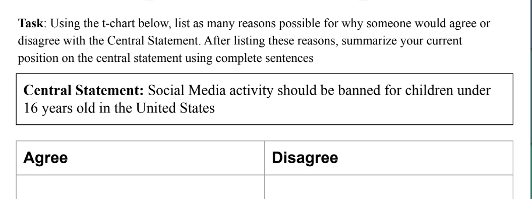 Task: Using the t -chart below, list as many reasons possible for why someone would agree or 
disagree with the Central Statement. After listing these reasons, summarize your current 
position on the central statement using complete sentences 
Central Statement: Social Media activity should be banned for children under
16 years old in the United States 
Agree Disagree