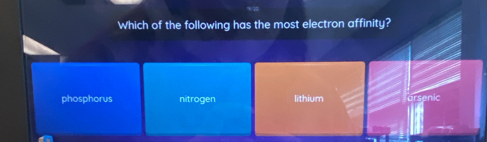 Which of the following has the most electron affinity?
phosphorus nitrogen lithium arsenic