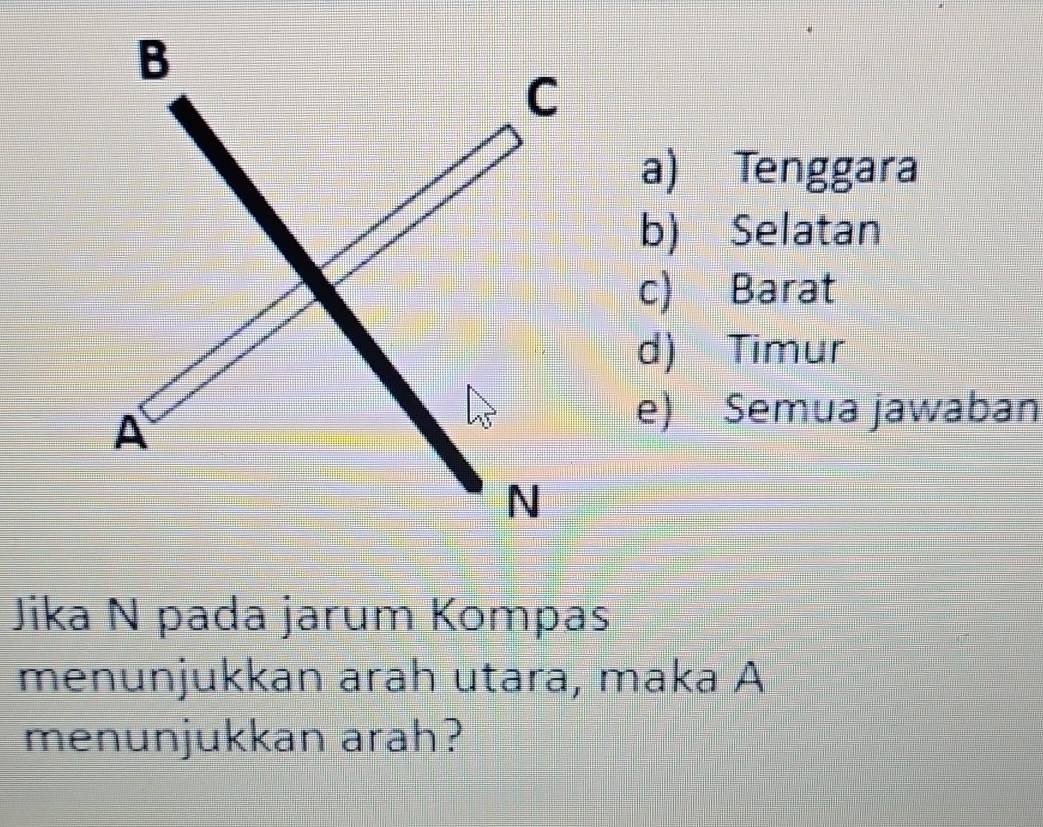 a) Tenggara
b) Selatan
c) Barat
d) Timur
e) Semua jawaban
Jika N pada jarum Kompas
menunjukkan arah utara, maka A
menunjukkan arah?