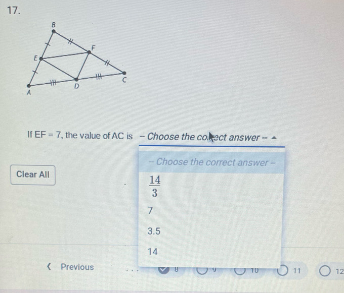 If EF=7 , the value of AC is -- Choose the colkect answer -- ▲
-- Choose the correct answer --
Clear All
 14/3 
7
3.5
14
《 Previous
8 9 T0 11 12