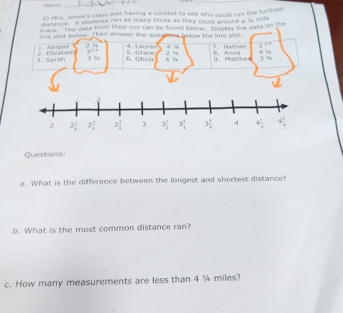 Name
_
_
3) Mrs. Jones's class was having a contest to see who could run the furthest
distance. 9 students ran as many times as they could around a l4 mile
track." The data from their run can be found below. Display the data on the
line plot below. Then answer the questions below the line plot.
1. Abigalf 2 ½ 4. Laurer 4  7、 Nathan 3 2/4
3. Sarah  2.   E lizabeth 3 ¼ 32/4 5. Grace 4 ½ 2 ½ B. Anna 9. Matthew 4 ½ 3 ¾
6. Olivia
Questions:
a. What is the difference between the longest and shortest distance?
b. What is the most common distance ran?
c. How many measurements are less than 4 ¼ miles?