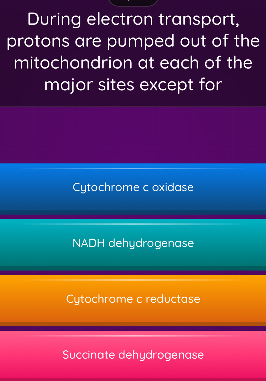 During electron transport,
protons are pumped out of the
mitochondrion at each of the
major sites except for
Cytochrome c oxidase
NADH dehydrogenase
Cytochrome c reductase
Succinate dehydrogenase