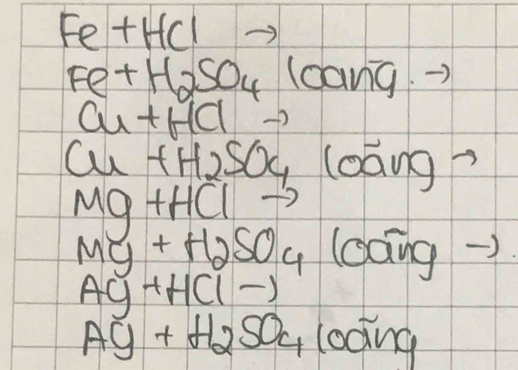 Fe+HCl -
Fe+H_2SO_410angto
Cu+HClto
Cu +H_2SO_4(Ovector ang^-
Mg+HCl=
Mg+H_2SO_4 (oang )
Ag+HClto
Ay+H_2SO_410Clsim g