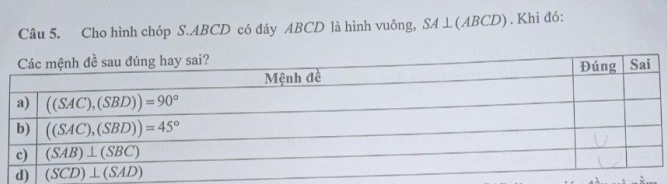 Cho hình chóp S.ABCD có đáy ABCD là hình vuông, SA ⊥(ABCD) . Khi đó: