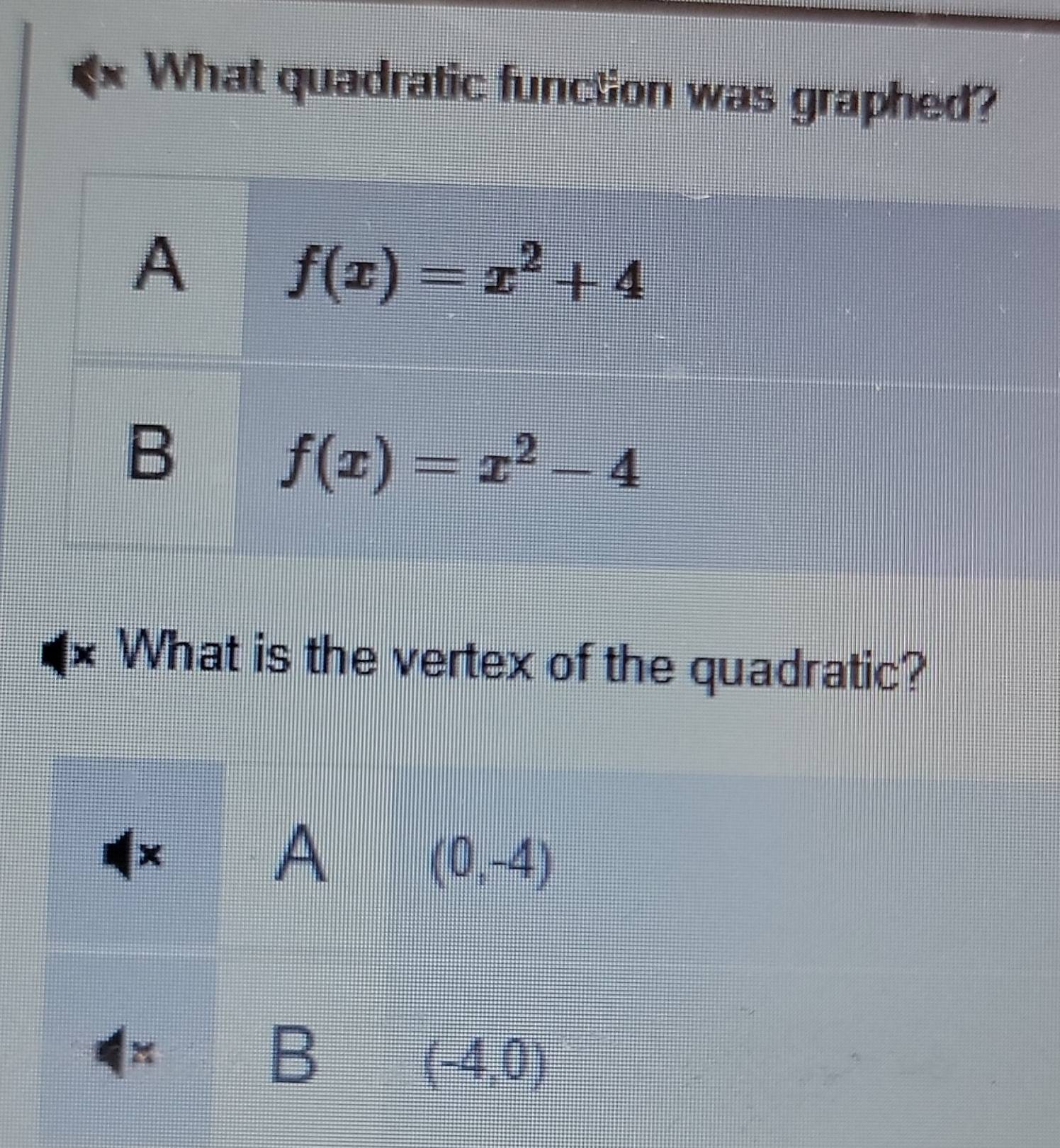 What quadratic function was graphed?
x What is the vertex of the quadratic?
×
A
(0,-4)
B
(-4,0)