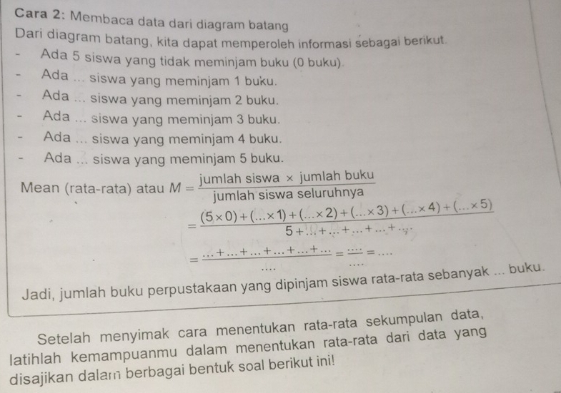 Cara 2: Membaca data dari diagram batang 
Dari diagram batang, kita dapat memperoleh informasi sebagai berikut. 
Ada 5 siswa yang tidak meminjam buku (0 buku) 
Ada ... siswa yang meminjam 1 buku. 
Ada ... siswa yang meminjam 2 buku. 
Ada ... siswa yang meminjam 3 buku. 
Ada ... siswa yang meminjam 4 buku. 
Ada ... siswa yang meminjam 5 buku. 
Mean (rata-rata) atau M= (jumlahsiswa* jumlahbuku)/jumlahsiswaseluruhnya 
Jadi, jumlah buku perpustakaan yang dipinjam siswa rata-rata sebanyak ... buku. 
Setelah menyimak cara menentukan rata-rata sekumpulan data, 
latihlah kemampuanmu dalam menentukan rata-rata dari data yang 
disajikan dalam berbagai bentuk soal berikut ini!