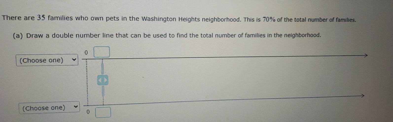 There are 35 families who own pets in the Washington Heights neighborhood. This is 70% of the total number of families. 
(a) Draw a double number line that can be used to find the total number of families in the neighborhood.
0
(Choose one) 
(Choose one) 0