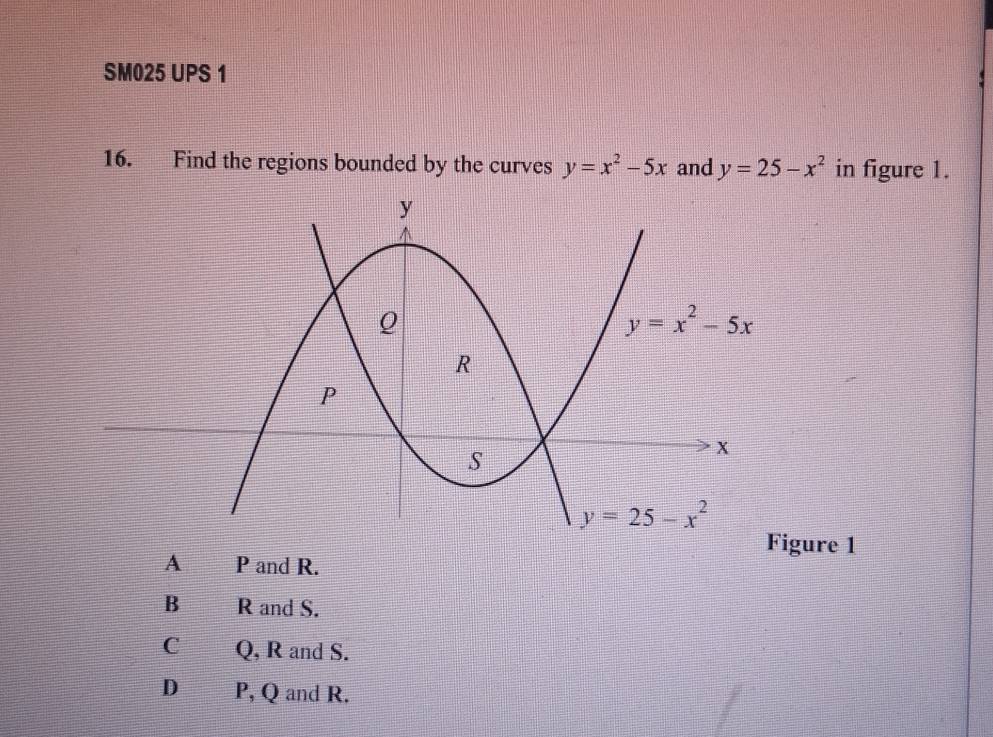 SM025 UPS 1
16. Find the regions bounded by the curves y=x^2-5x and y=25-x^2 in figure 1.
Figure 1
A P and R.
B R and S.
C Q, R and S.
D P, Q and R.