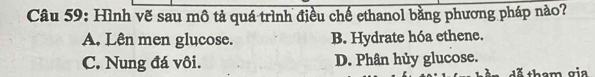 Hình vẽ sau mô tả quá trình điều chế ethanol bằng phương pháp nào?
A. Lên men glucose. B. Hydrate hóa ethene.
C. Nung đá vôi. D. Phân hủy glucose.
tham gia