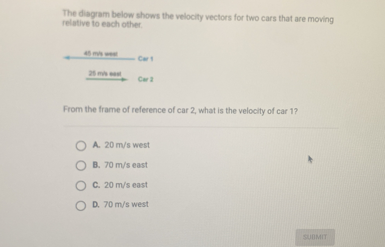 Solved: The diagram below shows the velocity vectors for two cars that ...