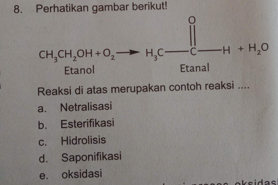 Perhatikan gambar berikut!
Reaksi di atas merupakan contoh reaksi ....
a. Netralisasi
b. Esterifikasi
c. Hidrolisis
d. Saponifikasi
e. oksidasi
oksidas