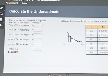 Assignment Active
Calculate the Underestimate
Round answers to three decimal places. Calculate the underestimate of the region's area.
Area of 2nd rectangle Area of 1st rectangk =0 022
=
Area of 3rd rectangle5
Area of 4th rectangle4
Area of 5th rectangle17
Area of 6th rectangle 5
Total area 91
(=I+121=0 : 44