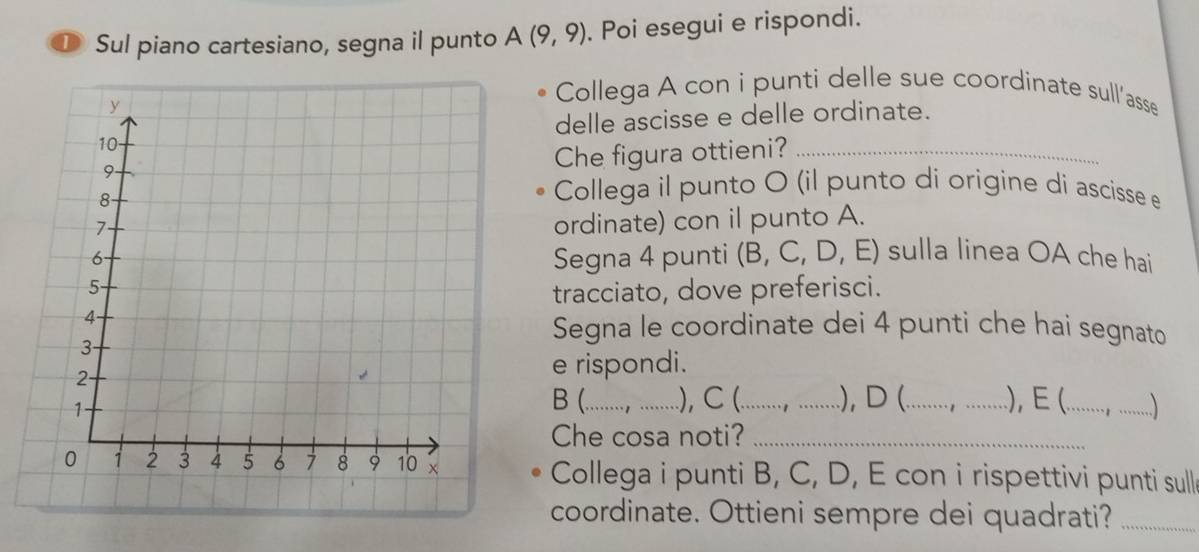 Sul piano cartesiano, segna il punto A(9,9). Poi esegui e rispondi. 
Collega A con i punti delle sue coordinate sull'asse 
delle ascisse e delle ordinate. 
Che figura ottieni?_ 
Collega il punto O (il punto di origine di ascisse e 
ordinate) con il punto A. 
Segna 4 punti (B, C, D, E) sulla linea OA che hai 
tracciato, dove preferisci. 
Segna le coordinate dei 4 punti che hai segnato 
e rispondi. 
B (_ ), C (... _.), D (._ _),E(_ ) 
Che cosa noti?_ 
Collega i punti B, C, D, E con i rispettivi punti sulle 
coordinate. Ottieni sempre dei quadrati?_