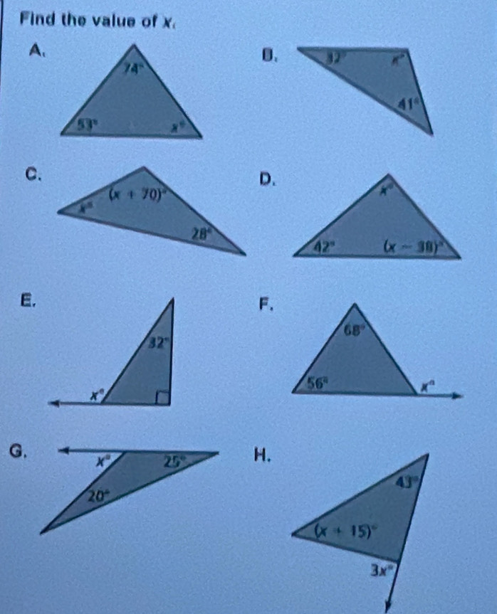 Find the value of x.
A、
C.
D.
E.
F.
H.
G.