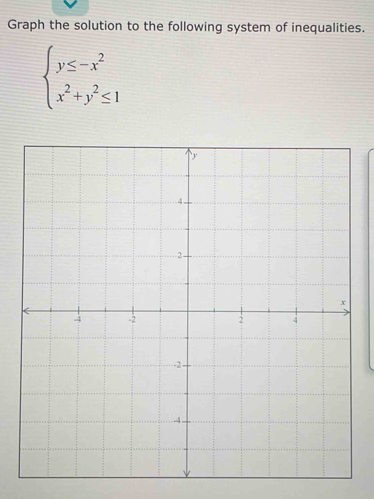 Graph the solution to the following system of inequalities.
beginarrayl y≤ -x^2 x^2+y^2≤ 1endarray.