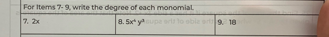 For Items 7- 9, write the degree of each monomial.