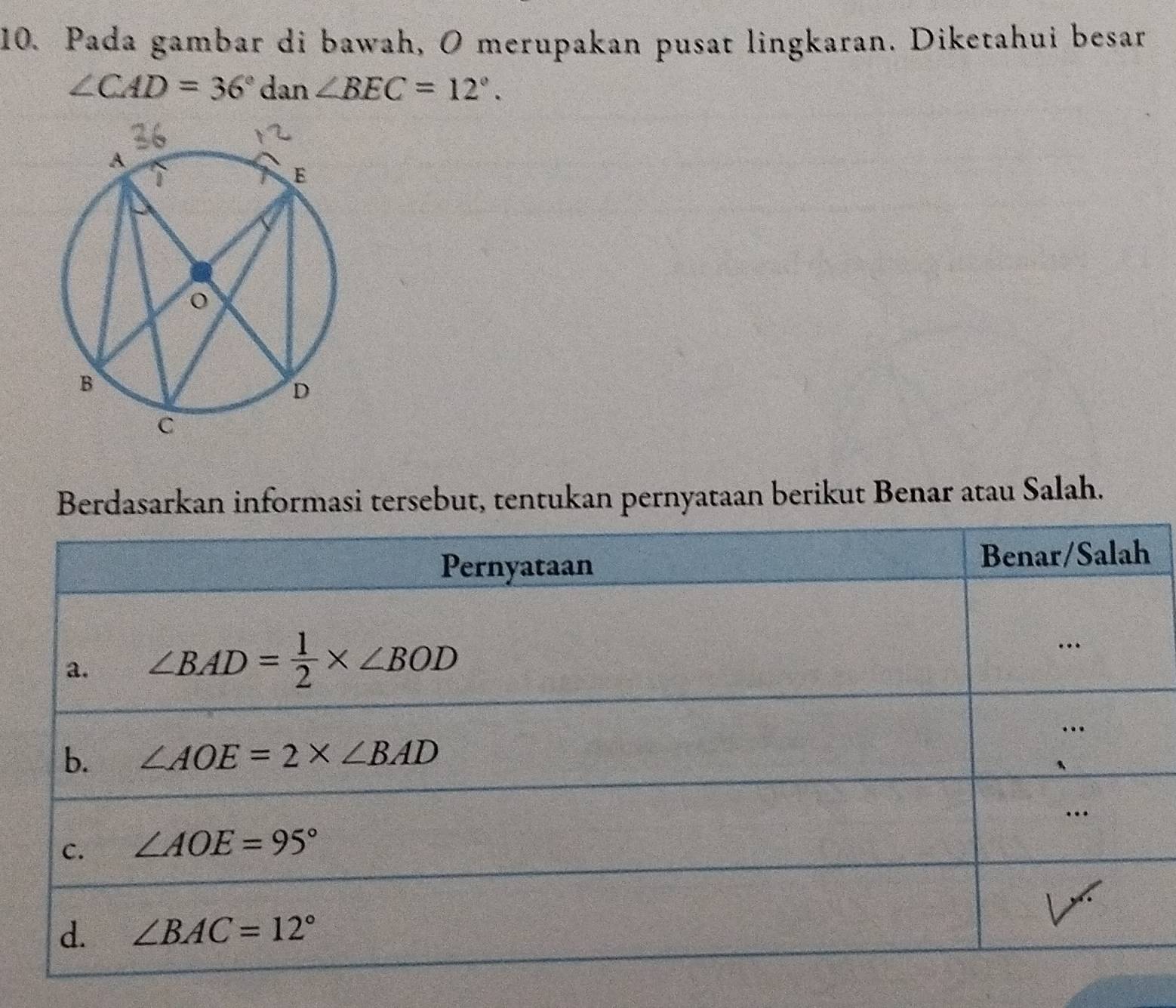 Pada gambar di bawah, O merupakan pusat lingkaran. Diketahui besar
∠ CAD=36°dan∠ BEC=12°.
Berdasarkan informasi tersebut, tentukan pernyataan berikut Benar atau Salah.