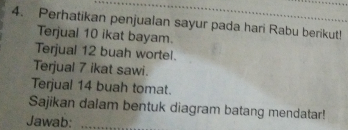 Perhatikan penjualan sayur pada hari Rabu berikut! 
Terjual 10 ikat bayam. 
Terjual 12 buah wortel. 
Terjual 7 ikat sawi. 
Terjual 14 buah tomat. 
Sajikan dalam bentuk diagram batang mendatar! 
Jawab:_