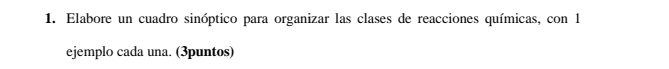 Elabore un cuadro sinóptico para organizar las clases de reacciones químicas, con 1 
ejemplo cada una. (3puntos)