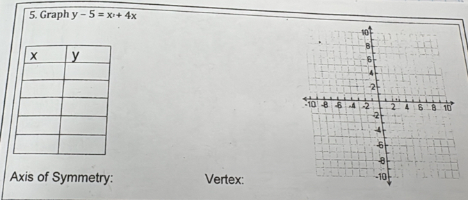 Graph y-5=x^2+4x
Axis of Symmetry: Vertex: