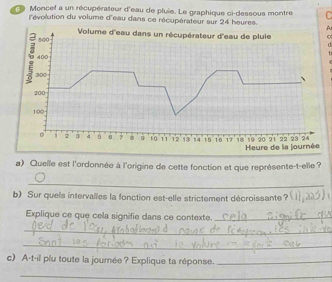 Moncef a un récupérateur d'eau de pluie. Le graphique ci-dessous montre C 
l'évolution du volume d'eau dans ce récupérateur sur 24 heures. 
A 
C 
d 
t 
C 
a) Quelle est l'ordonnée à l'origine de cette fonction et que représente-t-elle ? 
_ 
b)Sur quels intervalles la fonction est-elle strictement décroissante? 
Explique ce que cela signifie dans ce contexte._ 
_ 
_ 
c) A-t-il plu toute la journée ? Explique ta réponse._ 
_