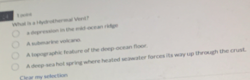 poied
What is a Hydrothermal Vent?
a depression in the mid-ocean ridge
A submarine volcano.
A topographic feature of the deep-ocean floor.
A deep-sea hot spring where heated seawater forces its way up through the crust.
Clear my selection