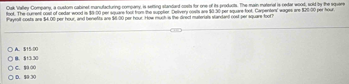 Oak Valley Company, a custom cabinet manufacturing company, is setting standard costs for one of its products. The main material is cedar wood, sold by the square
foot. The current cost of cedar wood is $9.00 per square foot from the supplier. Delivery costs are $0.30 per square foot. Carpenters' wages are $20.00 per hour,
Payroll costs are $4.00 per hour, and benefits are $6.00 per hour. How much is the direct materials standard cost per square foot?
A. $15.00
B. $13.30
C. $9.00
D. $9 30