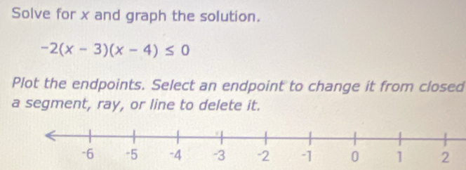 Solve for x and graph the solution.
-2(x-3)(x-4)≤ 0
Plot the endpoints. Select an endpoint to change it from closed 
a segment, ray, or line to delete it.