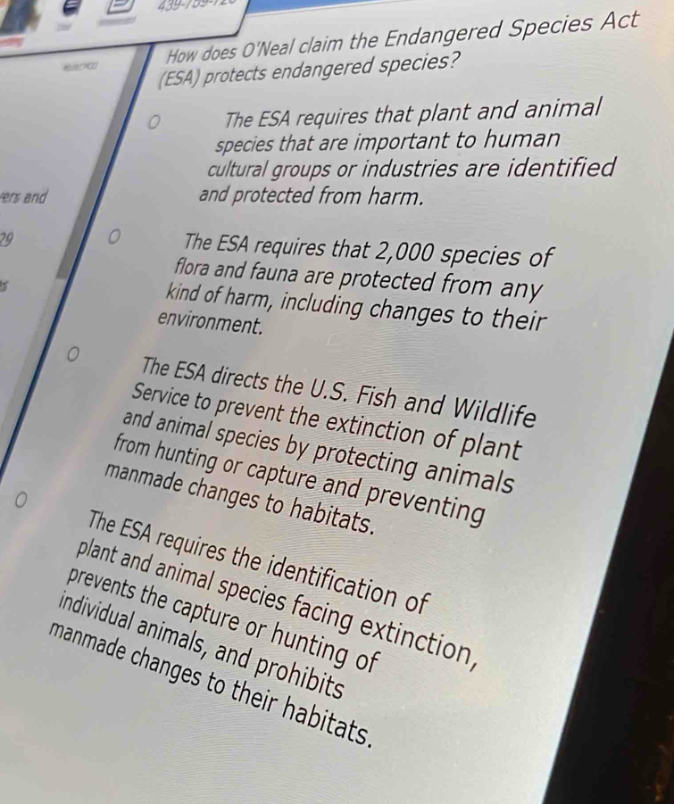 439-199 How does O'Neal claim the Endangered Species Act (ESA) protects ...