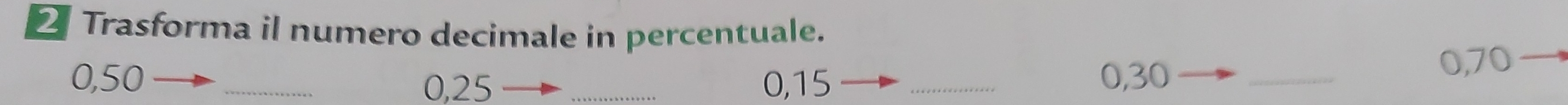 Trasforma il numero decimale in percentuale.
0, 25 0, 70
0,50 __ 0,15 _ 0, 30 _