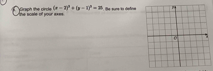 Graph the circle (x-2)^2+(y-1)^2=25. Be sure to define 
the scale of your axes.