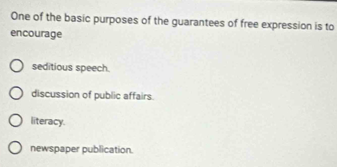 One of the basic purposes of the guarantees of free expression is to
encourage
seditious speech.
discussion of public affairs.
literacy.
newspaper publication.