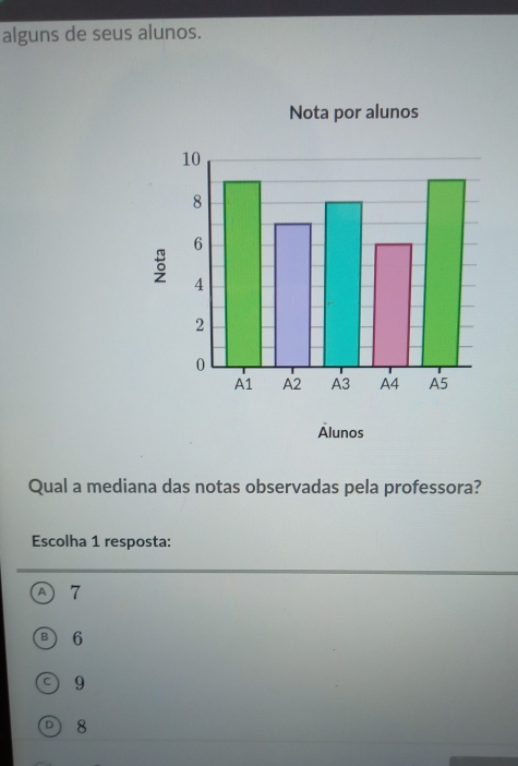 alguns de seus alunos.
Nota por alunos
5
Alunos
Qual a mediana das notas observadas pela professora?
Escolha 1 resposta:
A 7
6
9
8