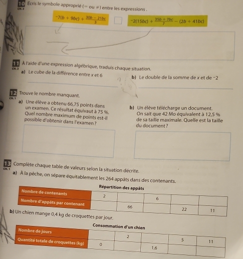 Ecris le symbole approprié (= ou ≠) entre les expressions .
-7(b+9bc)+ (30b-21bc)/3  -2(15bc)+ (35b+7bc)/7 -(2b+41bc)
11 À l'aide d'une expression algébrique, traduis chaque situation.
_
1 Le cube de la différence entre x et 6 b) Le double de la somme de x et de −2
_
12 Trouve le nombre manquant.
a) Une élève a obtenu 66,75 points dans b) Un élève télécharge un document.
un examen. Ce résultat équivaut à 75 %. On sait que 42 Mo équivalent à 12,5 %
Quel nombre maximum de points est-il
possible d'obtenir dans l'examen ? du document ? de sa taille maximale. Quelle est la taille
Complète chaque table de valeurs selon la situation décrite.
a) À la pêche, on sépare équitablement les 264 appâts dans des contenants.