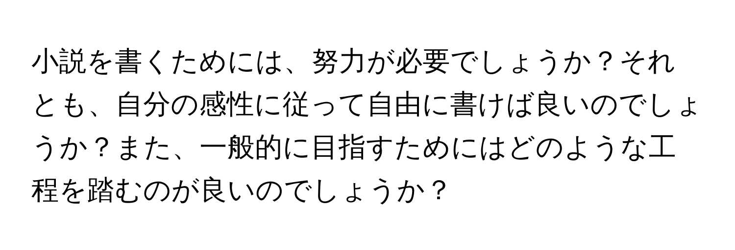 小説を書くためには、努力が必要でしょうか？それとも、自分の感性に従って自由に書けば良いのでしょうか？また、一般的に目指すためにはどのような工程を踏むのが良いのでしょうか？