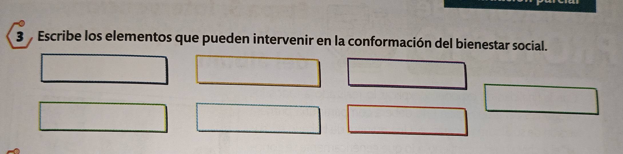 Escribe los elementos que pueden intervenir en la conformación del bienestar social.