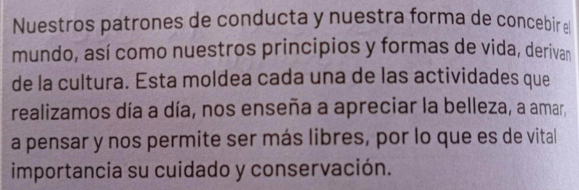 Nuestros patrones de conducta y nuestra forma de concebir el 
mundo, así como nuestros principios y formas de vida, derivan 
de la cultura. Esta moldea cada una de las actividades que 
realizamos día a día, nos enseña a apreciar la belleza, a amar, 
a pensar y nos permite ser más libres, por lo que es de vital 
importancia su cuidado y conservación.