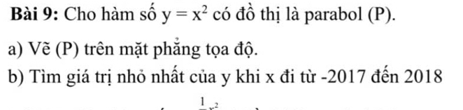 Cho hàm số y=x^2 có đồ thị là parabol (P). 
a) Vẽ (P) trên mặt phẳng tọa độ. 
b) Tìm giá trị nhỏ nhất của y khi x đi từ -2017 đến 2018
1