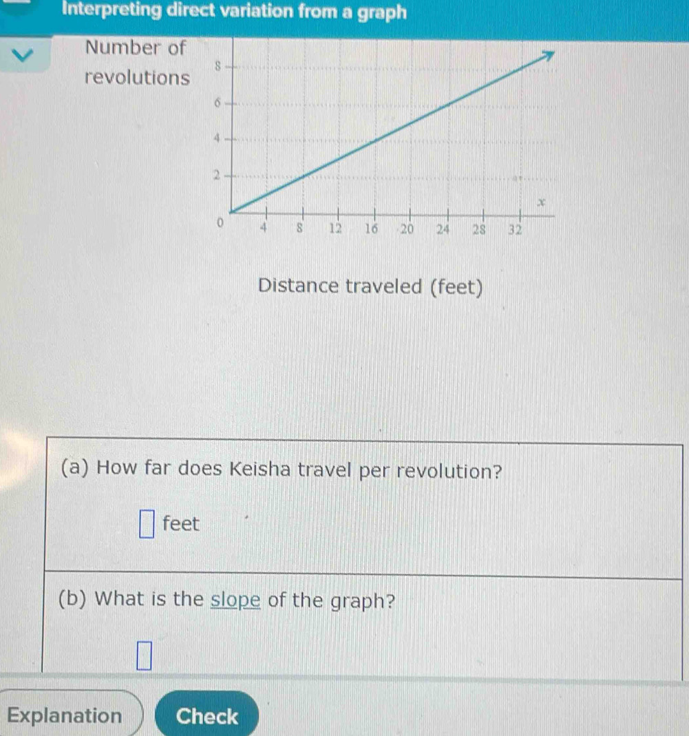 Interpreting direct variation from a graph 
Number of 
revolutions 
Distance traveled (feet) 
(a) How far does Keisha travel per revolution?
| feet
(b) What is the slope of the graph? 
□ 
Explanation Check