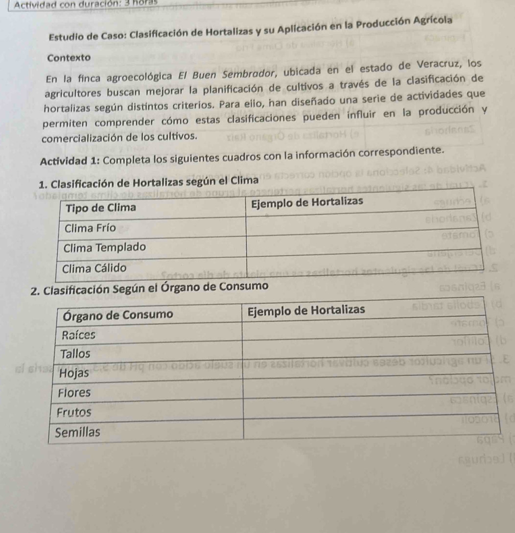 Actividad con duración: 3 horas 
Estudio de Caso: Clasificación de Hortalizas y su Aplicación en la Producción Agrícola 
Contexto 
En la finca agroecológica El Buen Sembrador, ubicada en el estado de Veracruz, los 
agricultores buscan mejorar la planificación de cultivos a través de la clasificación de 
hortalizas según distíntos criterios. Para ello, han diseñado una serie de actividades que 
permiten comprender cómo estas clasificaciones pueden influir en la producción y 
comercialización de los cultivos. 
Actividad 1: Completa los siguientes cuadros con la información correspondiente. 
1. Clasificación de Hortalizas según el Clima 
2. Clasificación Según el