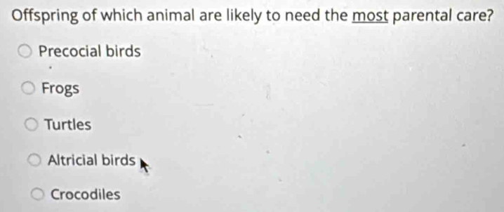 Offspring of which animal are likely to need the most parental care?
Precocial birds
Frogs
Turtles
Altricial birds
Crocodiles