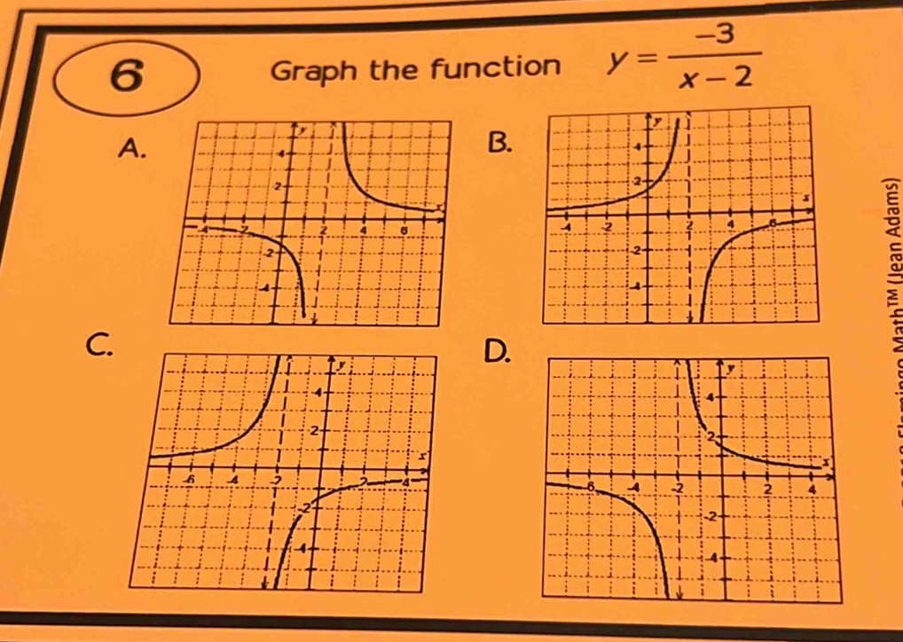 Graph the function y= (-3)/x-2 
A. 
B. 

C 
D.