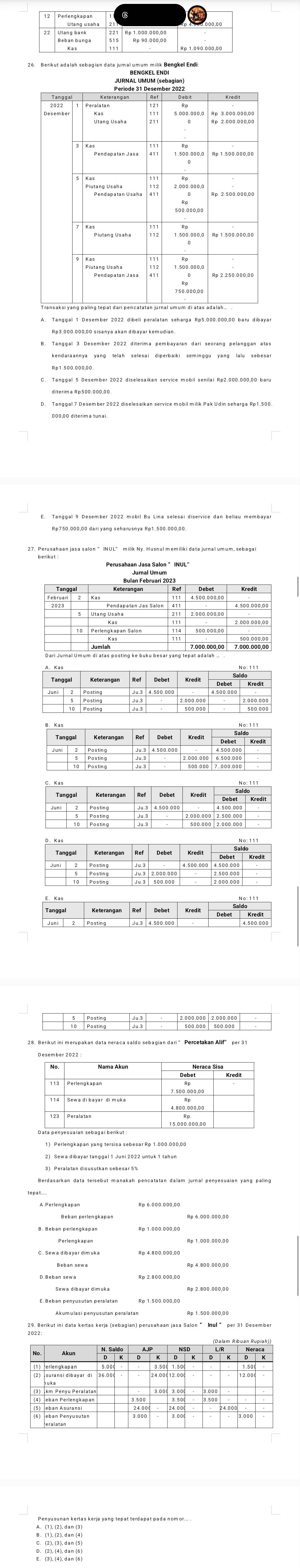 '1.; ;;;::
Rp3.000.000,00 sisanya akan dibayar kemudia
000,90 diterima tunal
27. Bengtheen jasa salon “ NUL" milik Ny. Husnul emiliki data jurnal um um, sebagai
5ã0 00
20. Berikut ini data kertas kerja (sebagian) perusahaan jasa Salon “ Inul ” per 31 Desember