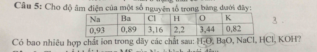 Cho độ âm điện của một số nguyên tố trong bảng dưới đây: 
Có bao nhiêu hợp chất ion trong dãy các chất sau: H_2O, BaO, N NaCl, HCl, KOH?