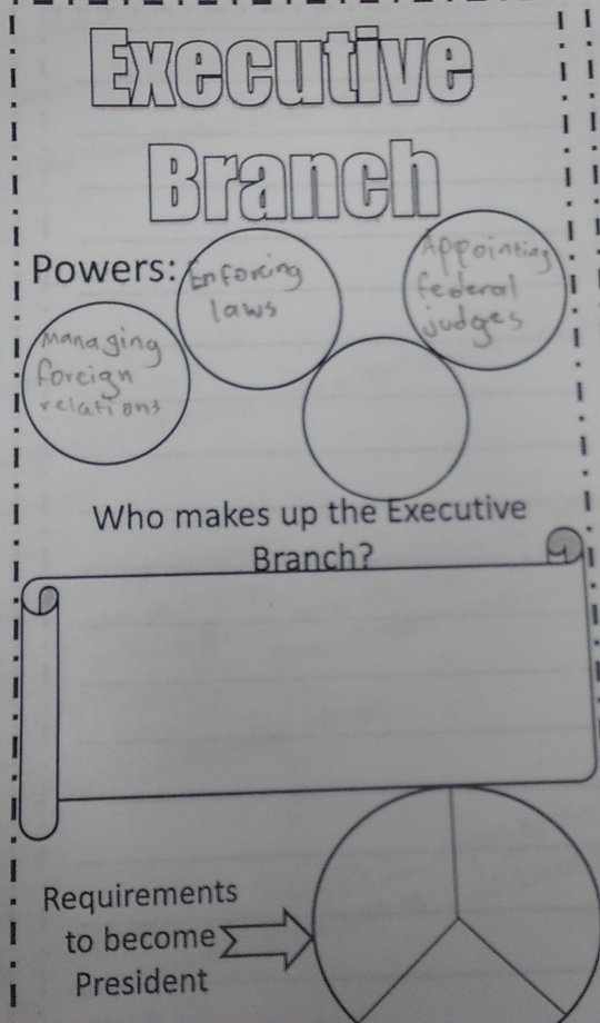 Executive 
Branch 
Powers: 
Who makes up the Executive 
Branch? 
Requirements 
to become 
President